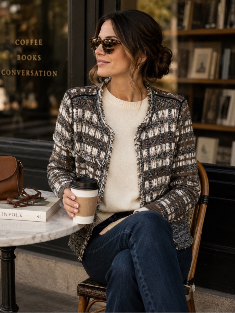 Cabi #4097 Textured Fringe Cardigan Jacket Neutral Plaid Open Front Sweater M